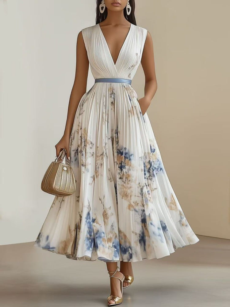 Womens Floral Print V-Neck Pleated Long Dress