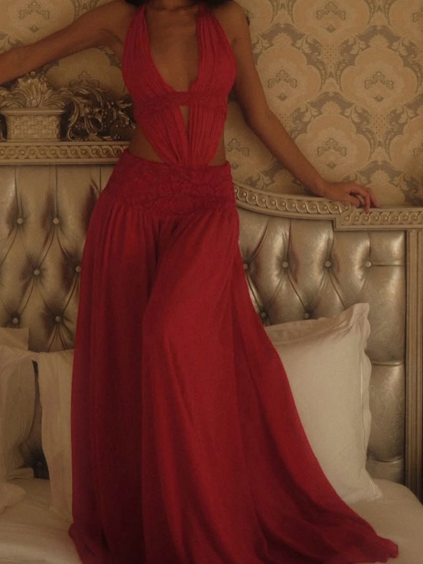 Sexy Halter Deep V-Neck Cut-Out Backless Solid Color Dress
