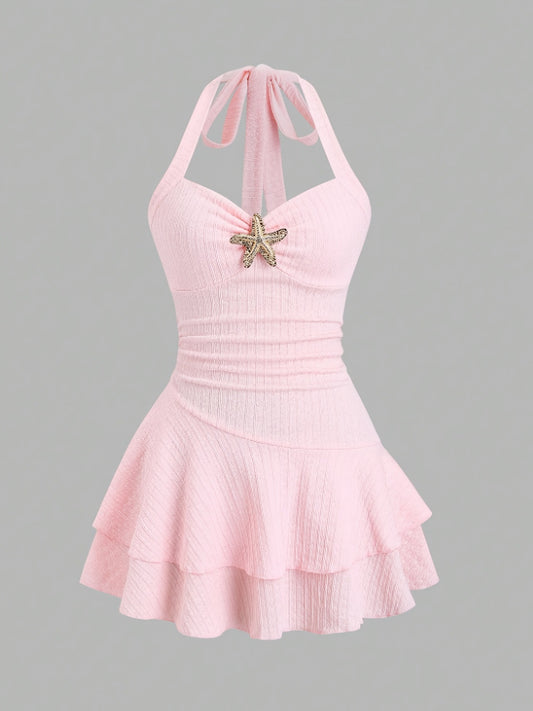 Womens Halter Neck Starfish Print Summer Dress