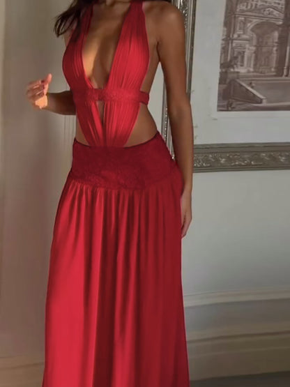 Sexy Halter Deep V-Neck Cut-Out Backless Solid Color Dress
