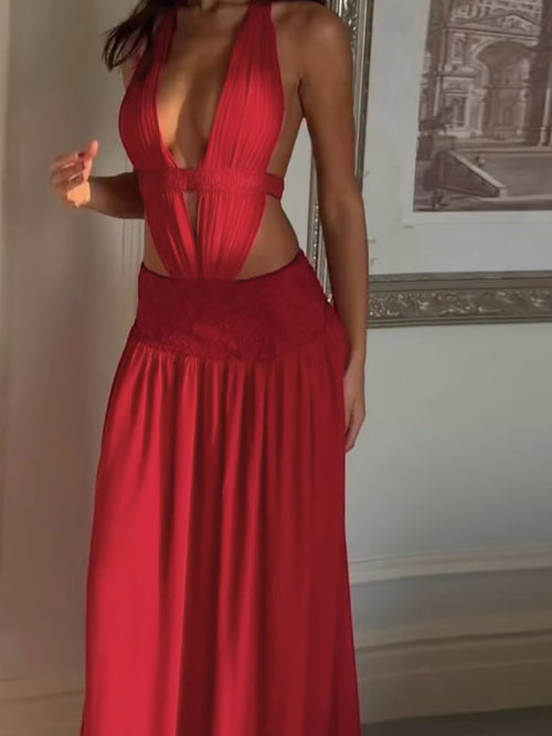 Sexy Halter Deep V-Neck Cut-Out Backless Solid Color Dress