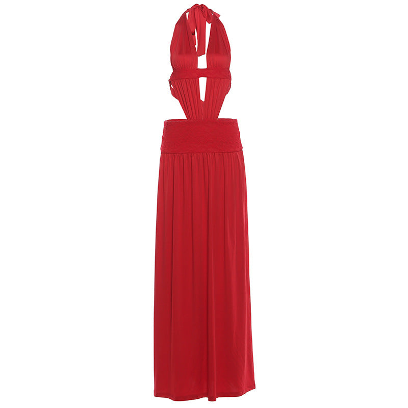 Sexy Halter Deep V-Neck Cut-Out Backless Solid Color Dress