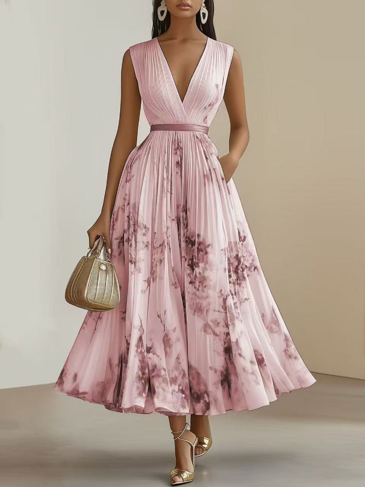 Womens Floral Print V-Neck Pleated Long Dress