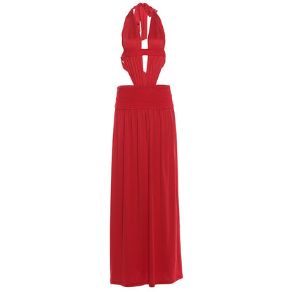 Sexy Halter Deep V-Neck Cut-Out Backless Solid Color Dress