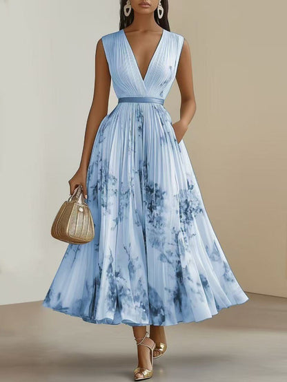 Womens Floral Print V-Neck Pleated Long Dress