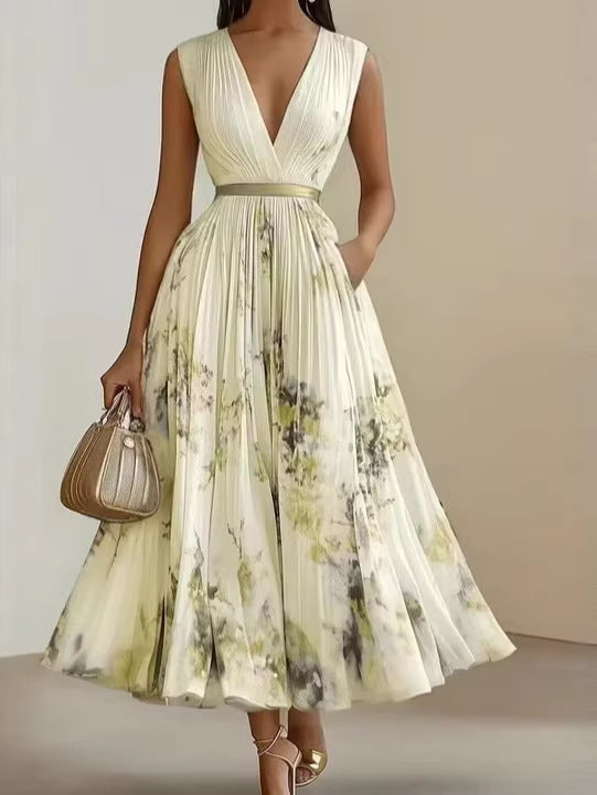Womens Floral Print V-Neck Pleated Long Dress